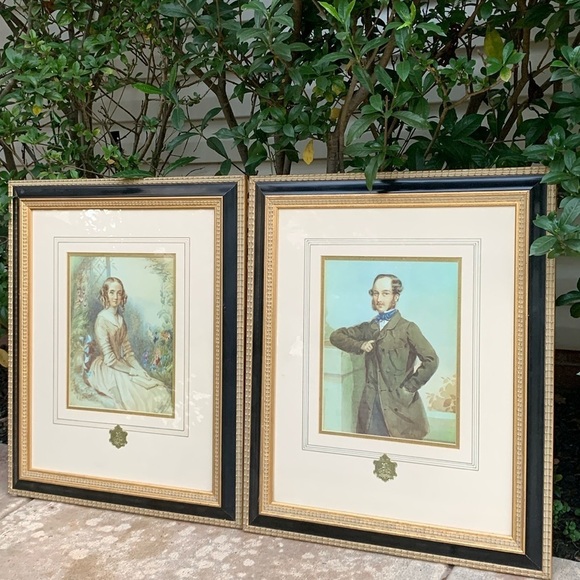 Antique Framed Art Print Portraits set of 2 women men Victorian gold leaf black - Picture 4 of 16